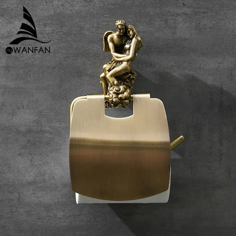 DecorBites antique bronze wall mounted paper holder with ornate angel and woman sculpture on brass cylindrical body