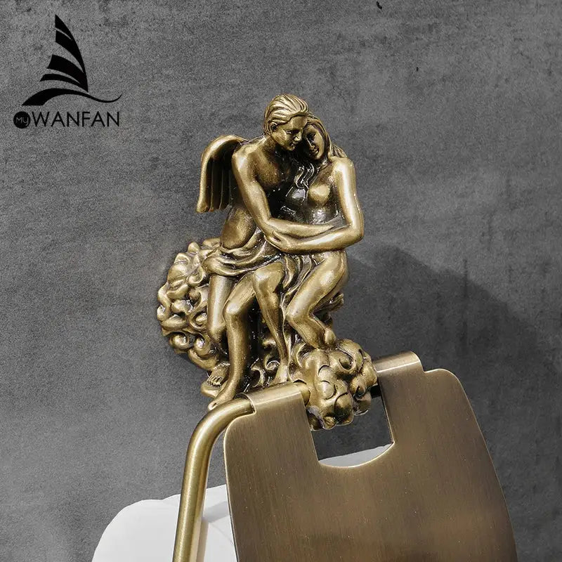 Decorbites™ antique bronze wall mounted paper holder with bronze sculpted angel and woman on ornate cloud base
