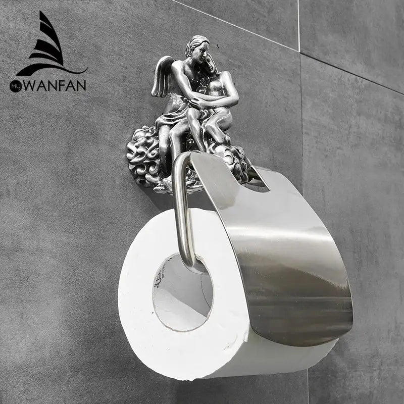 Silver angel-themed paper holder with ornate sculpted design and polished finish for antique bronze wall mounted use
