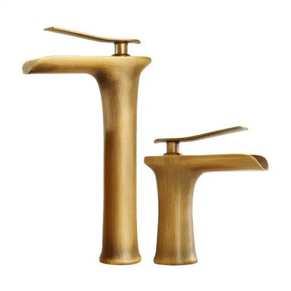 Two elegant antique bronze waterfall bathroom faucets with sleek brass finish and hot and cold mixer taps