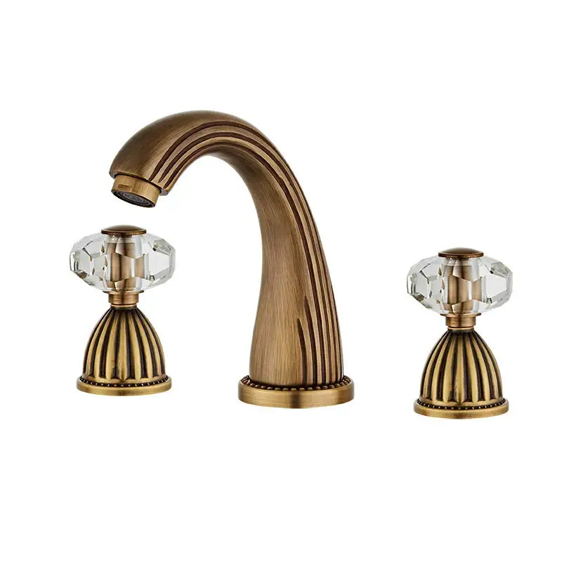 DecorBites antique bronze widespread basin faucet with curved spout and crystal knob handles for hot cold water