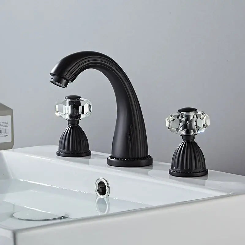 Decorbites™ antique bronze widespread basin faucet with black matte finish and crystal knob handles for hot cold water tap
