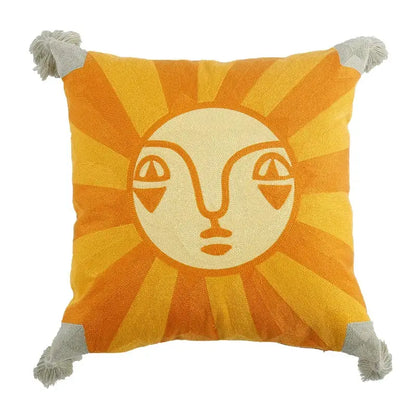 DecorBites™ antique brown tiger print pillow cover with embroidered orange and cream sun face and gray tassels