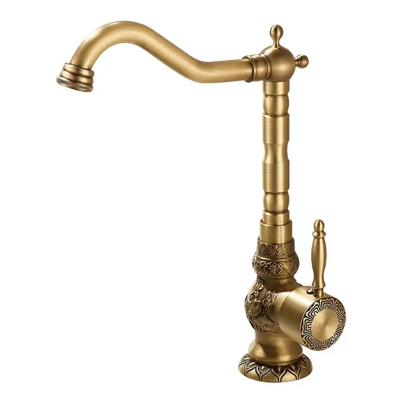 Decorbites antique carved brass bathroom sink faucet with ornate vintage detailing and curved spout deck mounted tap