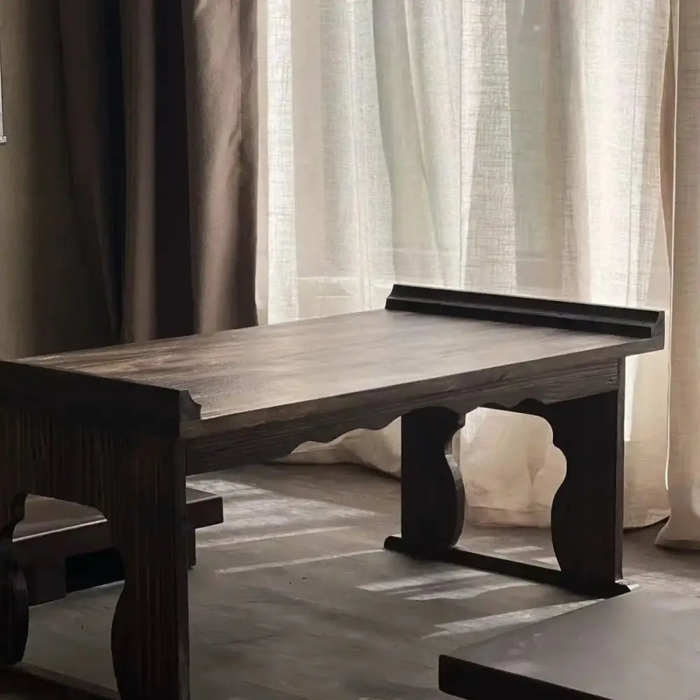 Dark wood solid wood foldable table with carved curved legs and rectangular top for hanfu shoots and tea cooking