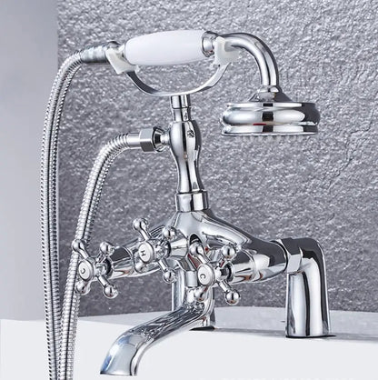 DecorBites antique chrome bathtub shower mixer faucet tap set with chrome finish white ceramic handle and attached showerhead