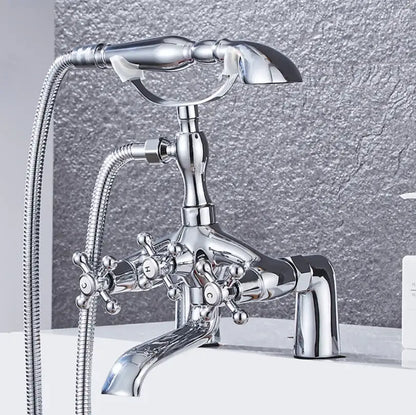 Decorbites antique chrome bathtub shower mixer faucet tap set with chrome finish three cross-handle knobs detachable showerhead
