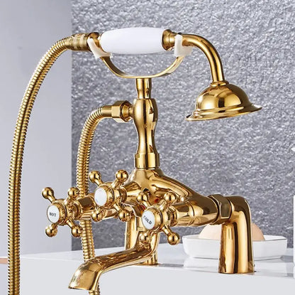 Decorbites™ antique chrome bathtub shower mixer faucet set with gold finish, white ceramic handle, and flexible hoses