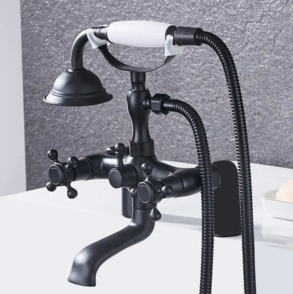 DecorBites antique chrome bathtub shower mixer faucet tap set with black matte finish white ceramic handle and adjustable hose showerhead