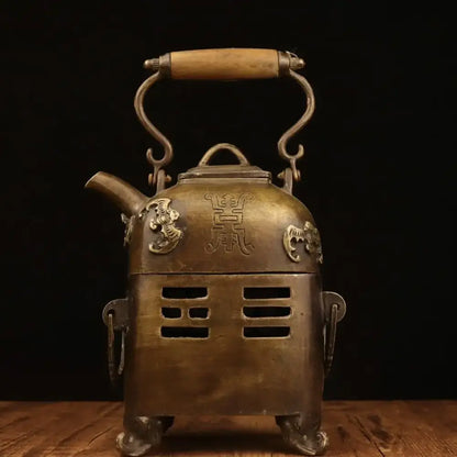 DecorBites antique brass tea kettle with ornate dragon motifs and wooden handle ideal for warm wine pots use