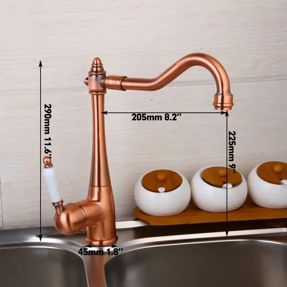 DecorBites™ antique copper kitchen basin mixer tap with white ceramic handle and elegant curved spout