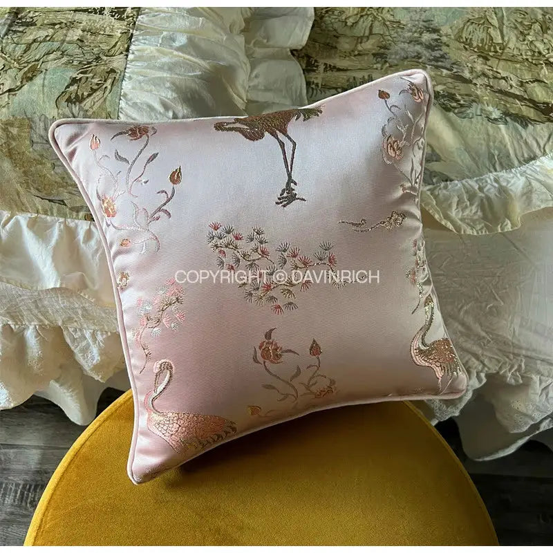 Decorbites™ antique crane floral jacquard pillow case in soft pink satin with gold and rose-gold embroidery