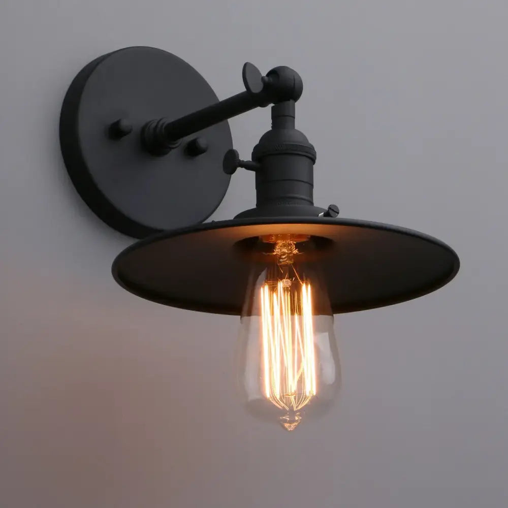 Decorbites antique finish black wrought iron industrial wall sconce with vintage edison bulb and flat shade