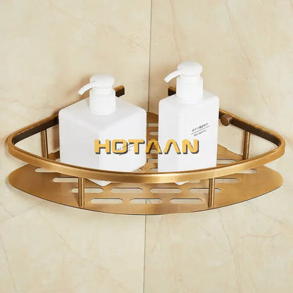 Brass corner shower caddy with slotted design holding two white pump bottles from decorbites antique finish aluminum shower basket holder