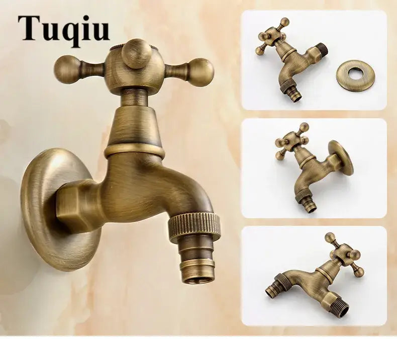 DecorBites antique garden bibcocks tap in brass with cross-handle and threaded hose connection for outdoor use