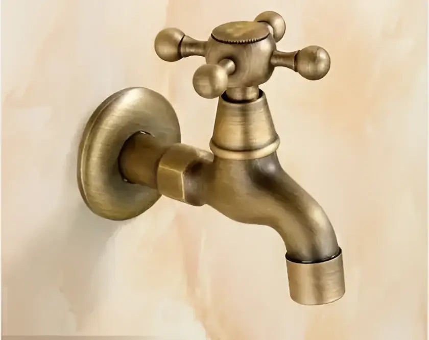 DecorBites™ antique garden bibcocks tap with brass vintage-style wall-mounted cross-handle design for outdoor use