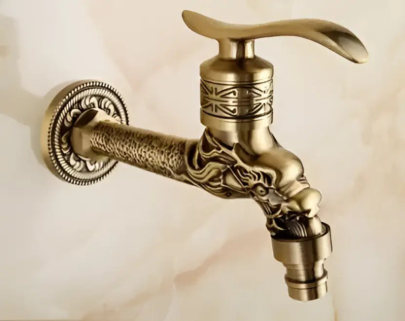DecorBites™ antique garden bibcocks tap in brass with ornate dragon head design for outdoor washing and bathroom use