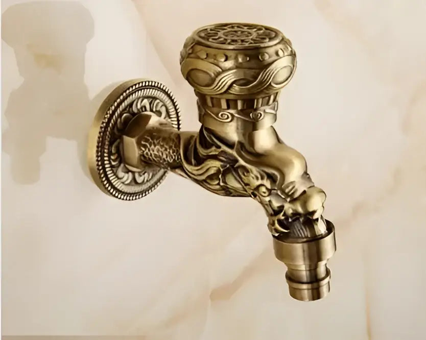 DecorBites antique garden bibcocks tap in brass with ornate dragon head and scrollwork for outdoor washing and bathroom use