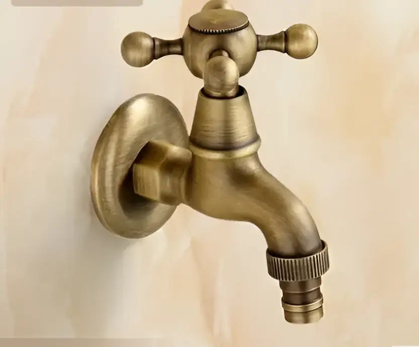 Antique brass vintage-style decorbites garden bibcocks tap with cross handle and threaded hose connector for outdoor use