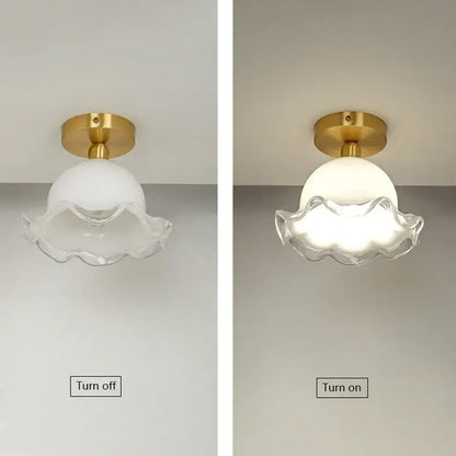 DecorBites™ antique glass ceiling light with delicate translucent scalloped glass and gold-toned brass base