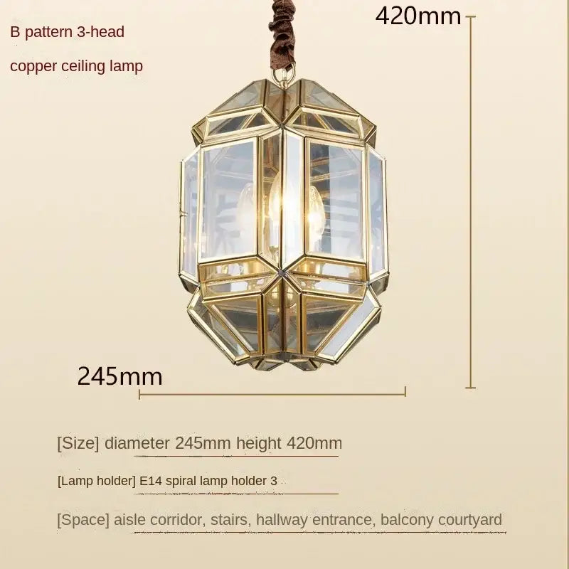 DecorBites™ antique glass pendant light with geometrical copper frame clear glass panels and braided brown cord suspension