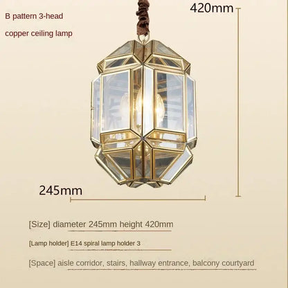 DecorBites™ antique glass pendant light with geometrical copper frame clear glass panels and braided brown cord suspension
