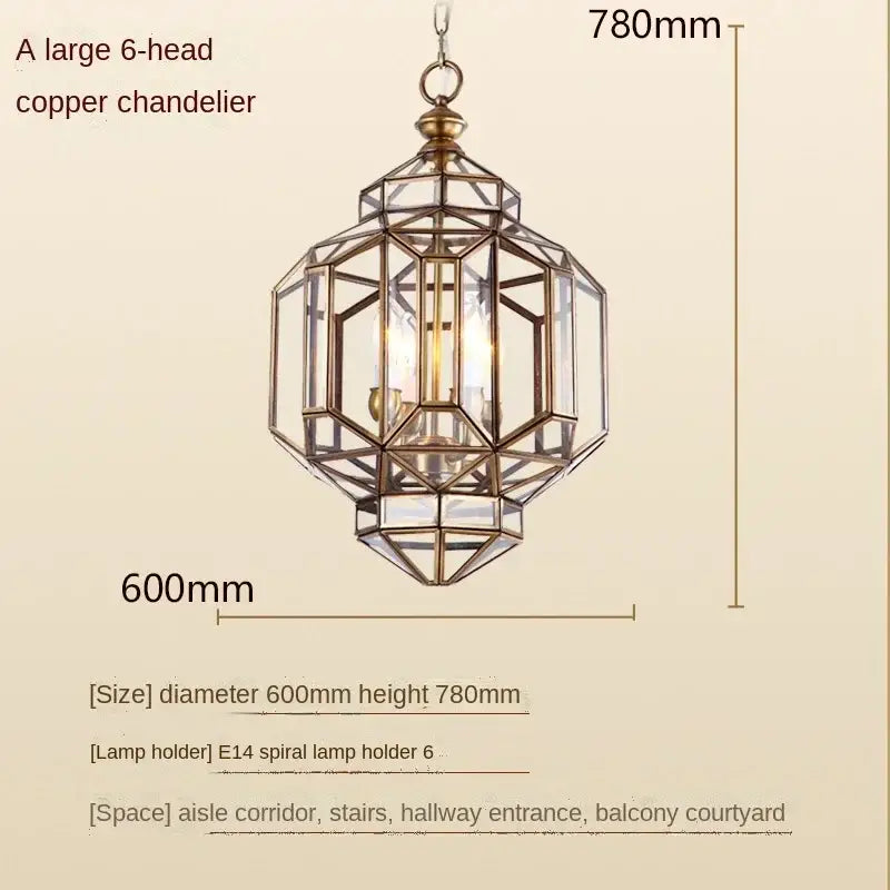 DecorBites antique glass pendant light with large copper hexagonal frame and clear glass panels vintage pendant light