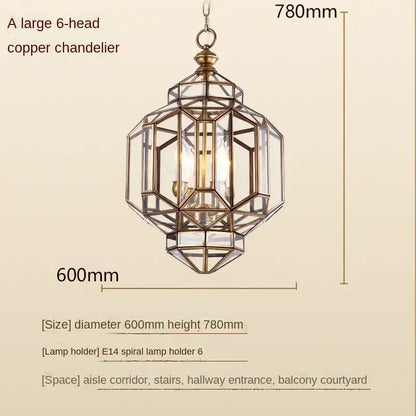 DecorBites antique glass pendant light with large copper hexagonal frame and clear glass panels vintage pendant light