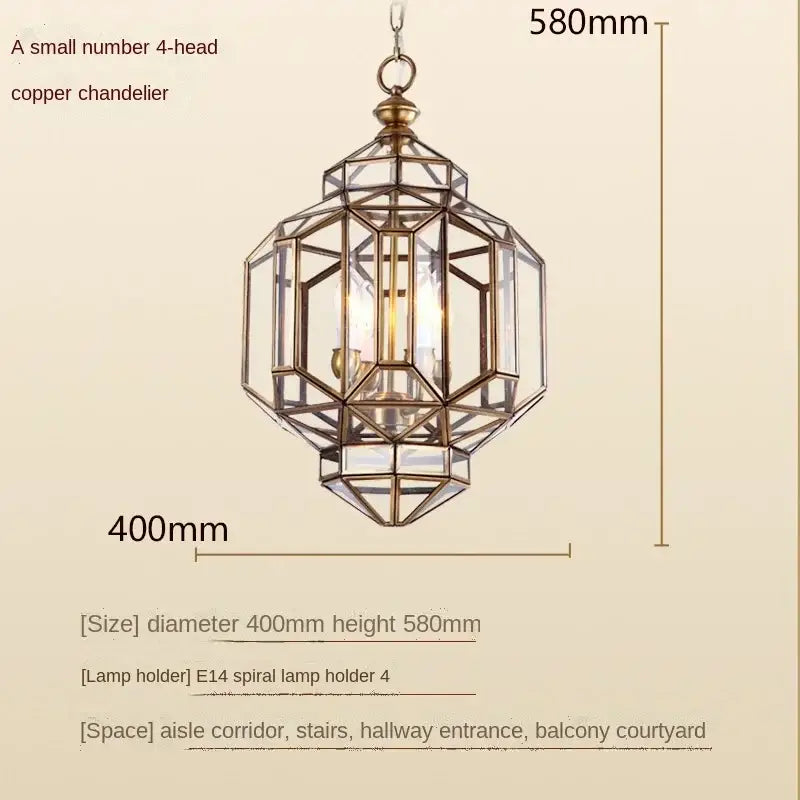 DecorBites™ antique glass pendant light with copper frame and four illuminated e14 spiral bulbs in geometric design