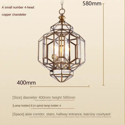 DecorBites™ antique glass pendant light with copper frame and four illuminated e14 spiral bulbs in geometric design