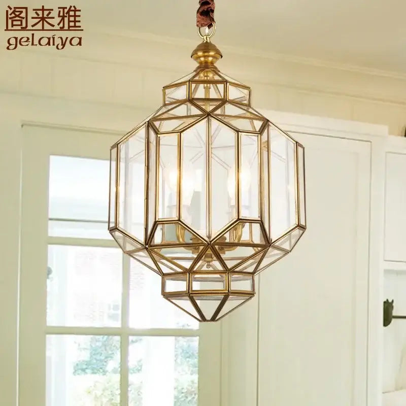 Decorbites™ antique glass pendant with brass frame and clear panels vintage-inspired copper glass pendant light