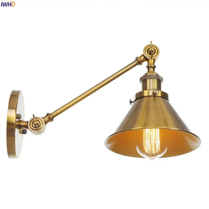 Decorbites antique gold wall lamp with brass adjustable arm and conical shade vintage industrial style