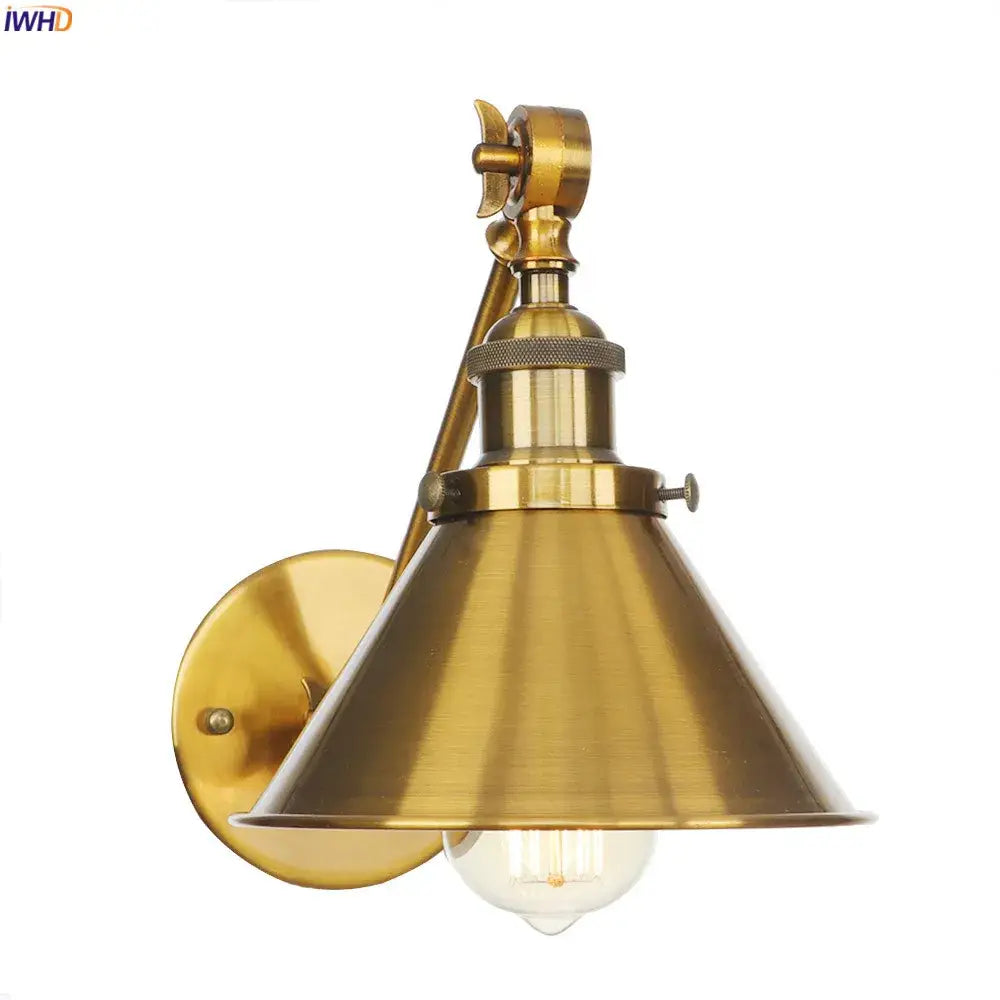 Decorbites antique gold brass-finished wall lamp with conical shade and exposed edison bulb for vintage industrial decor