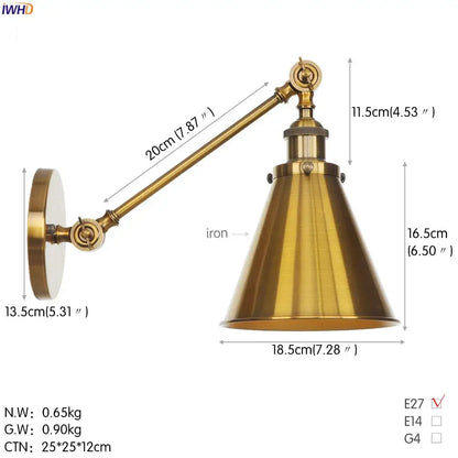 Brass-finished decorbites antique gold wall lamp with conical shade and adjustable arm for vintage industrial lighting