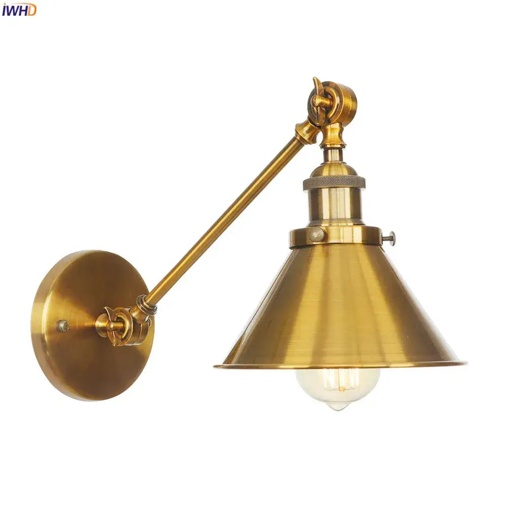 Decorbites antique gold wall lamp with brass finish, adjustable arm, conical shade, and exposed bulb for vintage decor