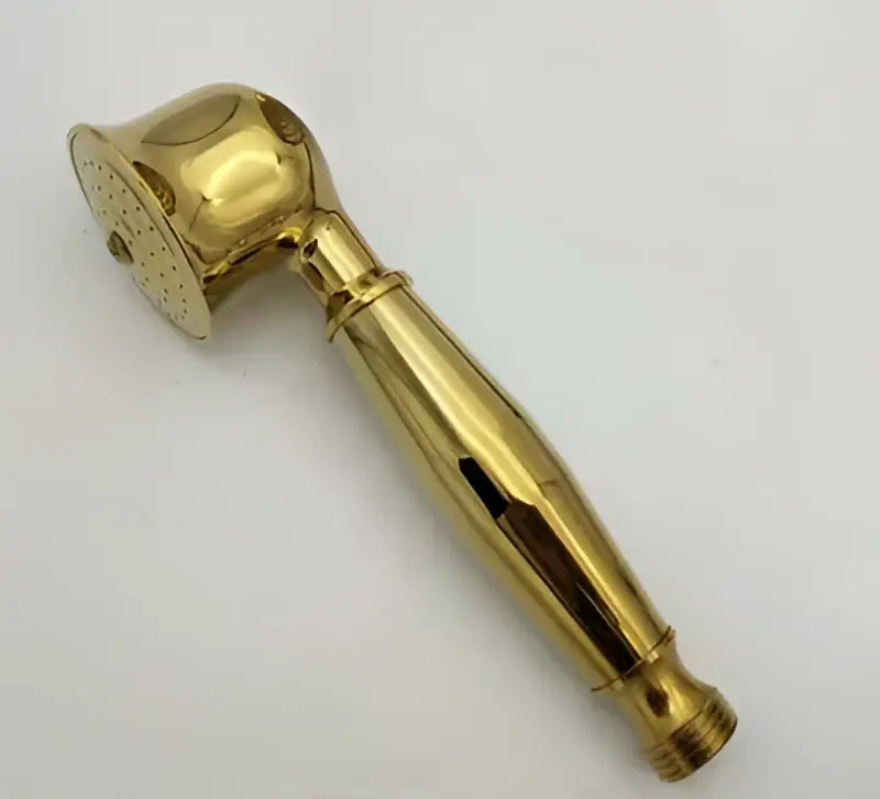 Gold-colored polished brass antique handheld shower head with textured grip and compatible shower head holder stand by DecorBites