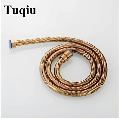 Copper-colored DecorBites™ flexible braided metal shower hose with blue-tipped connectors for shower head holder use