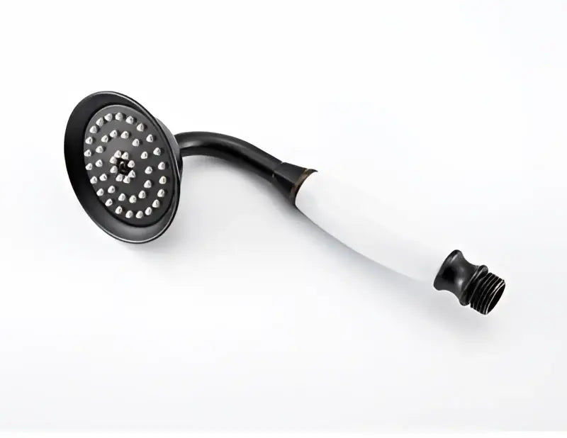Black matte finish handheld shower head with white grip and threaded end by DecorBites™ shower head holder