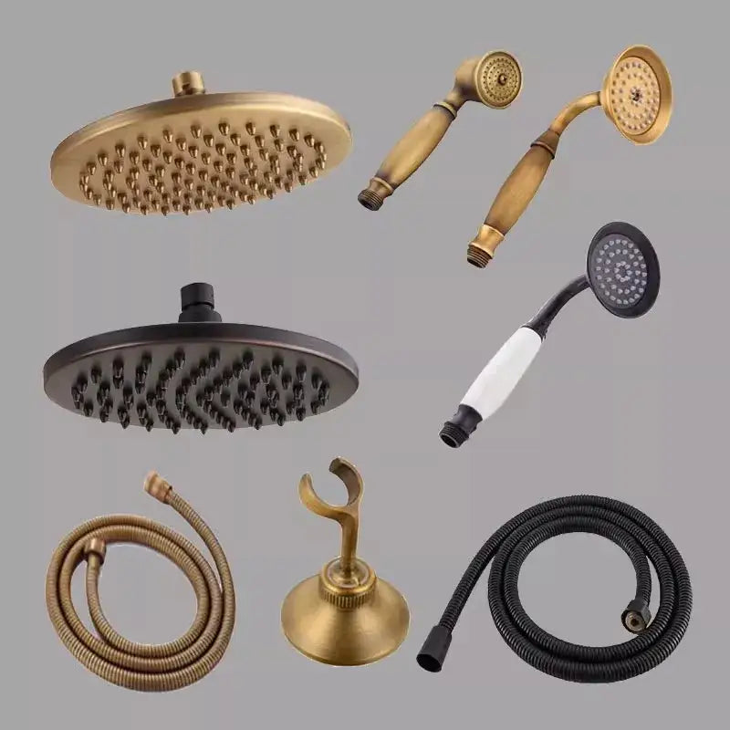 DecorBites antique brass and matte black shower head with matching hose and wall-mounted shower head holder