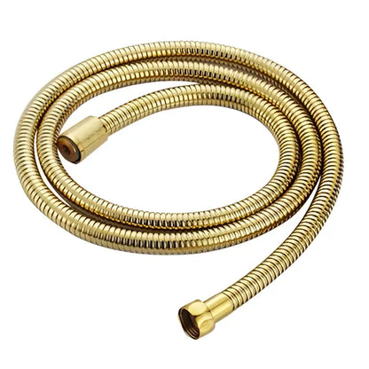 Gold-colored flexible metal shower hose with ribbed texture and threaded ends for decorbites shower head holder