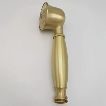 Gold-colored brass shower head with sleek elongated handle and circular spray face from decorbites antique handheld set