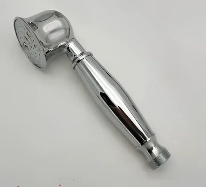 Chrome finished decorbites antique handheld shower head with elongated handle and perforated spray face for versatile use
