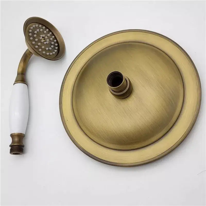 Antique brass decorbites antique handheld shower head set with white ceramic handle and matching circular mounting plate