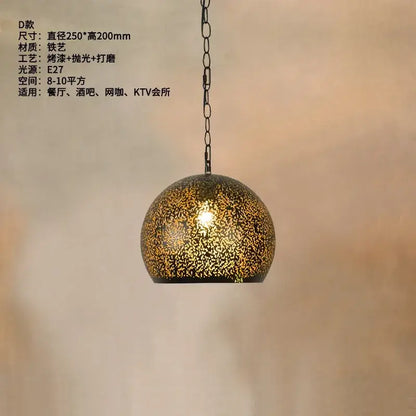 Golden speckled spherical decorbites antique hollow carving pendant light with wrought iron chain for vintage decor