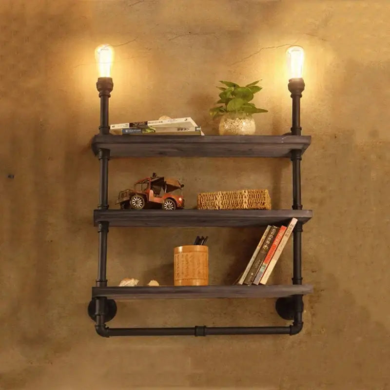 DecorBites antique industrial wall lamp with dark gray wooden shelves black metal frame and two Edison bulbs for study or store