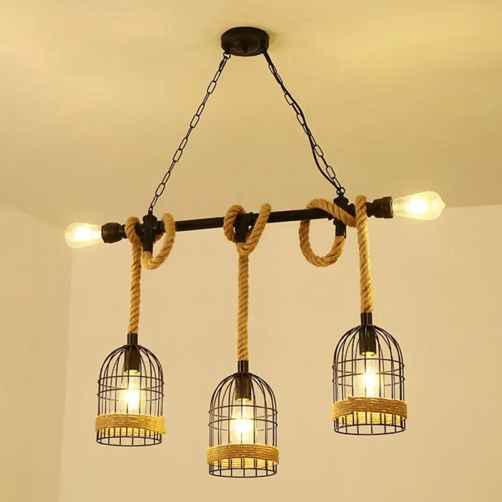 Decorbites antique iron hanging island light with three black metal birdcage shades wrapped in natural hemp rope