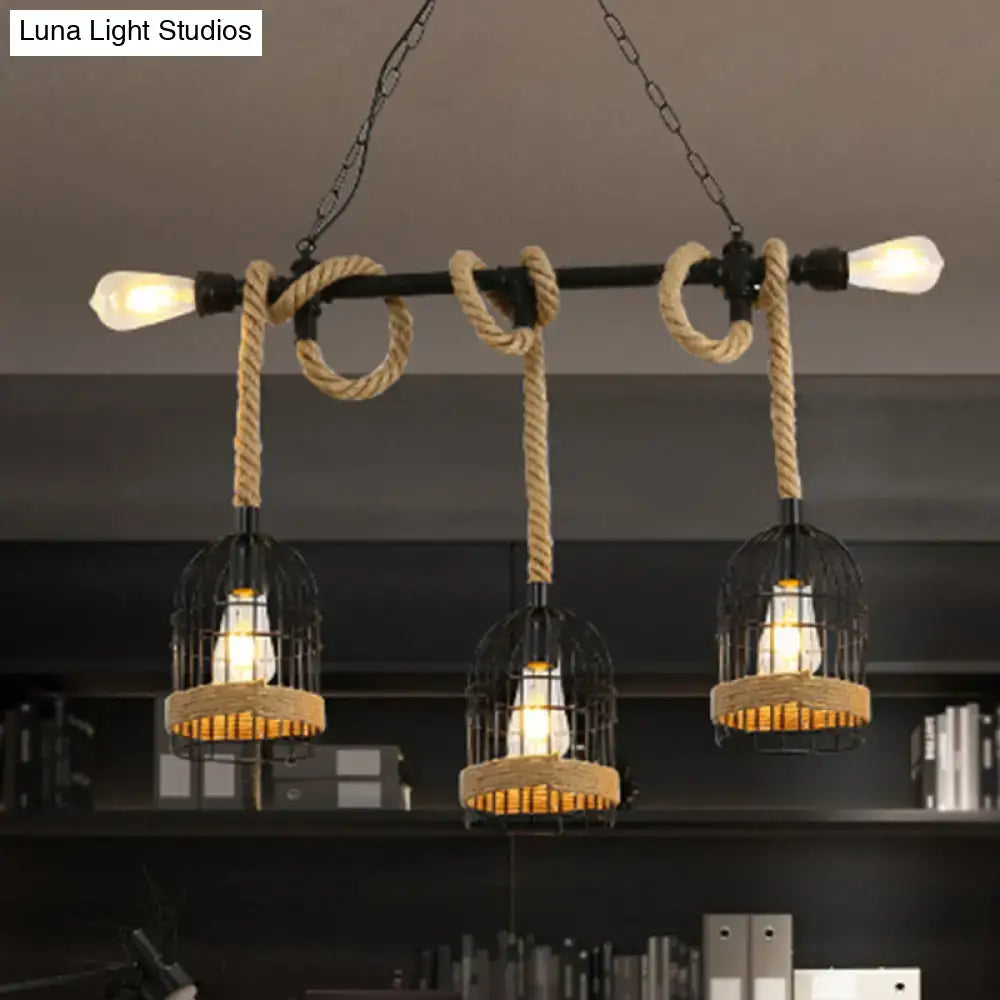 Decorbites™ antique iron hanging island light with three black metal birdcage shades and hemp rope accents