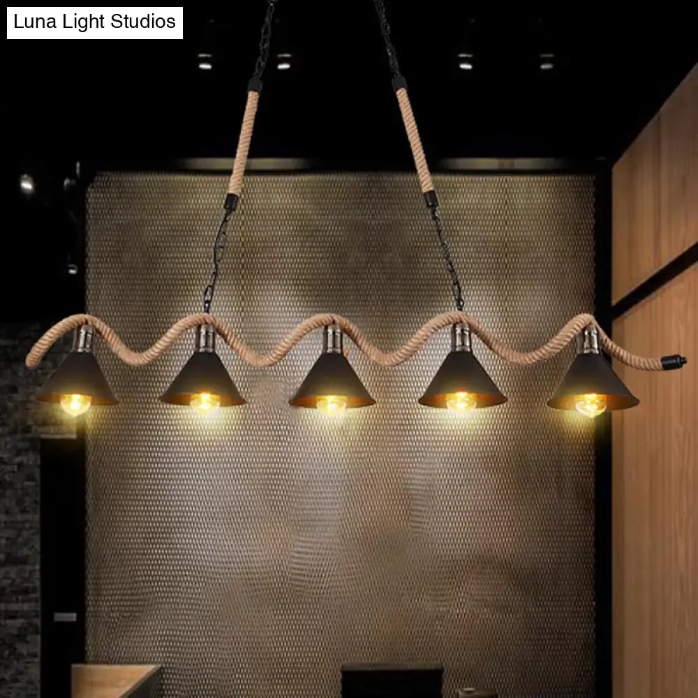 Decorbites™ antique iron hanging island light with five black iron conical shades and hemp rope in industrial style