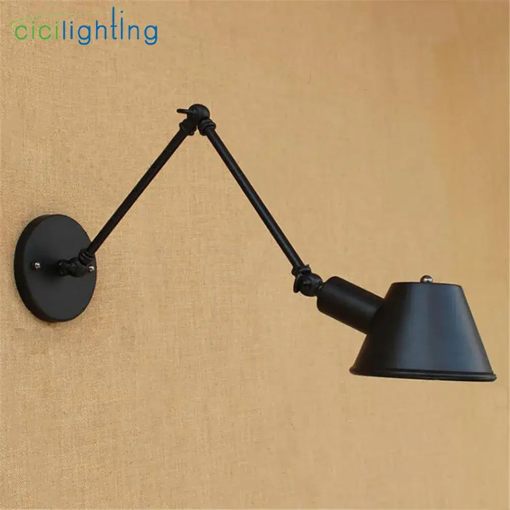 Black matte DecorBites™ antique metal shade wall light with double swing arms and conical shade for home office study