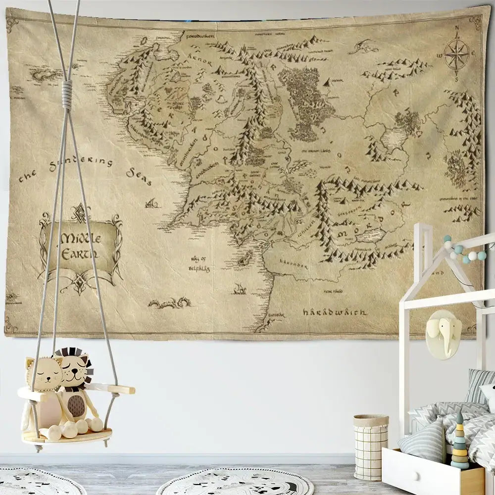 Decorbites™ vintage beige tapestry wall hanging featuring a detailed black ink antique pirate treasure map design